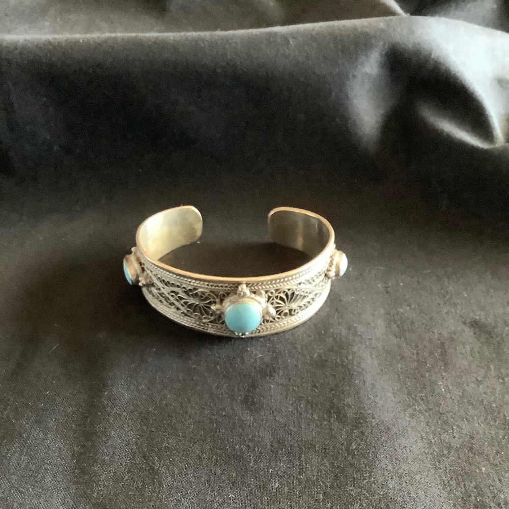 Filigree silver and turquoise cuff bracelet